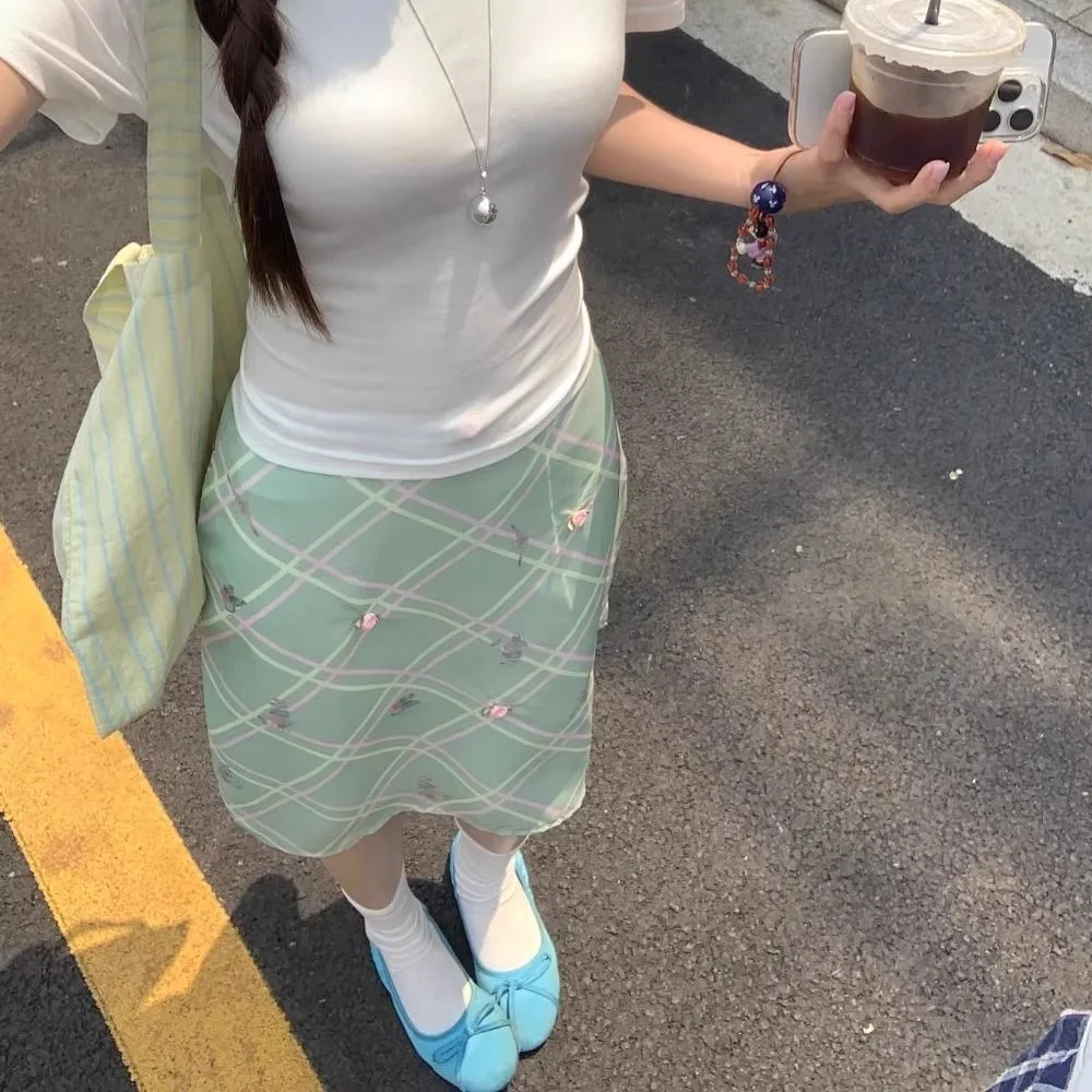 Summer Green Plaid Floral Midi Skirt Women Y2k Aesthetic High Waist A-line Skirts Sweet Preppy Style Versatile Faldas