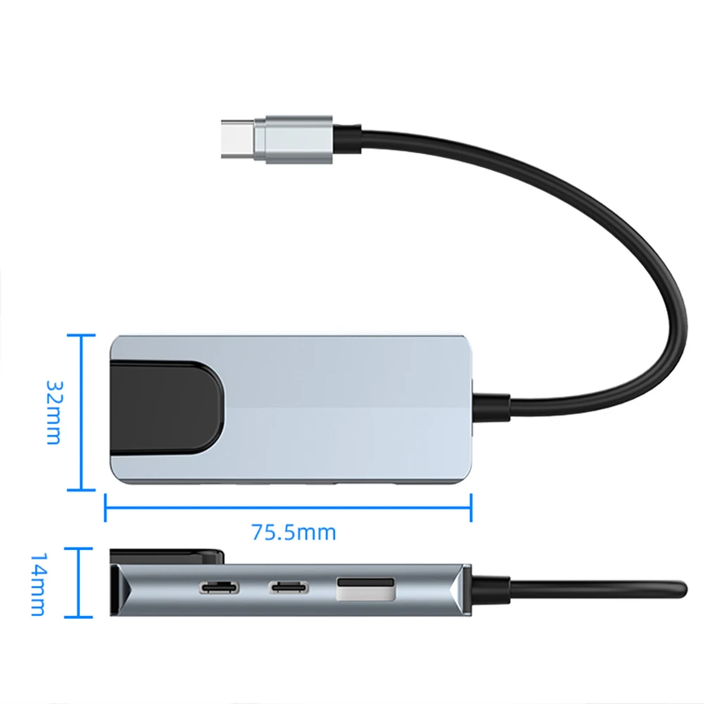 4 in 1 USB Type C To RJ45 Lan Network Card with 2* USB-C 1*USB-A 2.0 1*RJ45 100Mbps USB C To Ethernet Adapter for Laptop