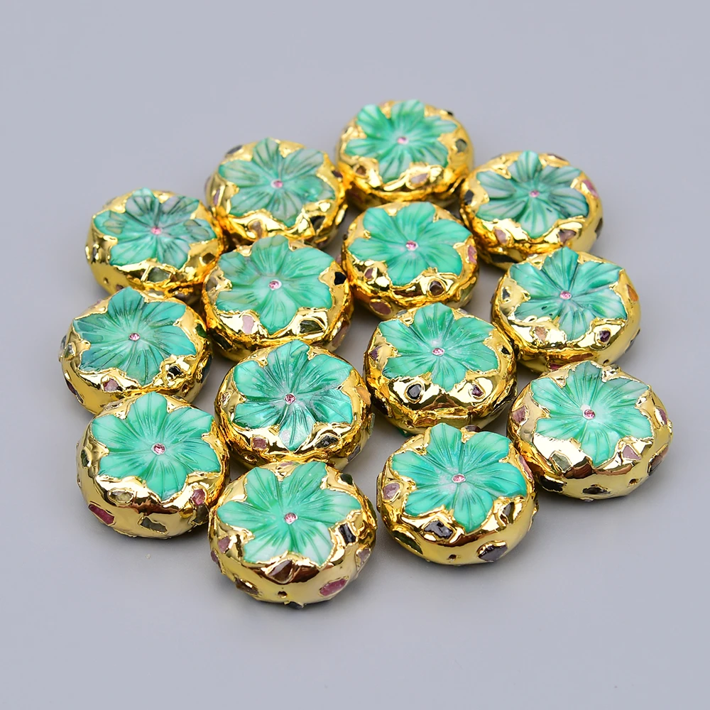APDGG 5 Pcs 26mm Natural Green Shell Flower Mix Color Tourmaline Gold Plated Spacer Loose Beads For Jewelry Making DIY