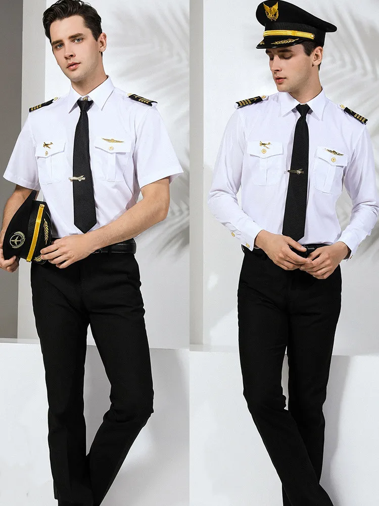 White Shirt Captain's Uniform Men's Pilot Short Sleeve Shirts Uniform Male Airline Uniform Pilot Flight Attendant Clothing