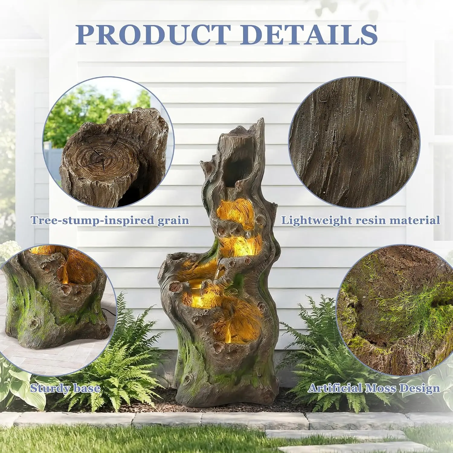 Cascading 6 Tiers Water Fountain Outside 5 LED Lights 40 H Large Garden Yard Deck Decor Natural Tree Trunk Look