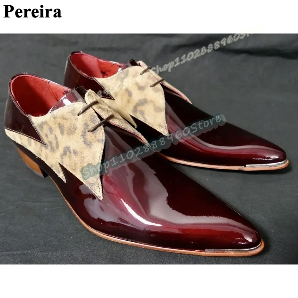 

Red Glossy Leather Leopard Splicing Mens Pumps Cross Tied Flats Shoes For Men Slip On Pointed Toe Banquet Fashionable Mens Shoes