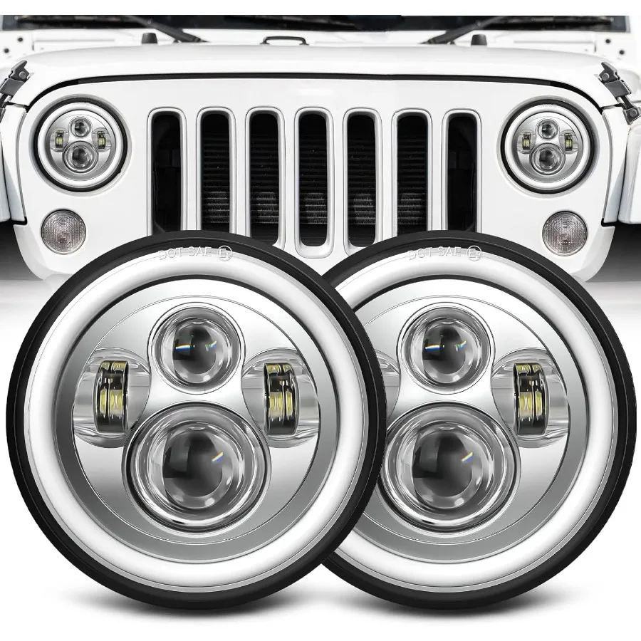 

7 inch LED Headlight Chrome Round Projector with Halo Lighting for Automotive Use DOT Approved High Low Beam and DRL Amber Turn
