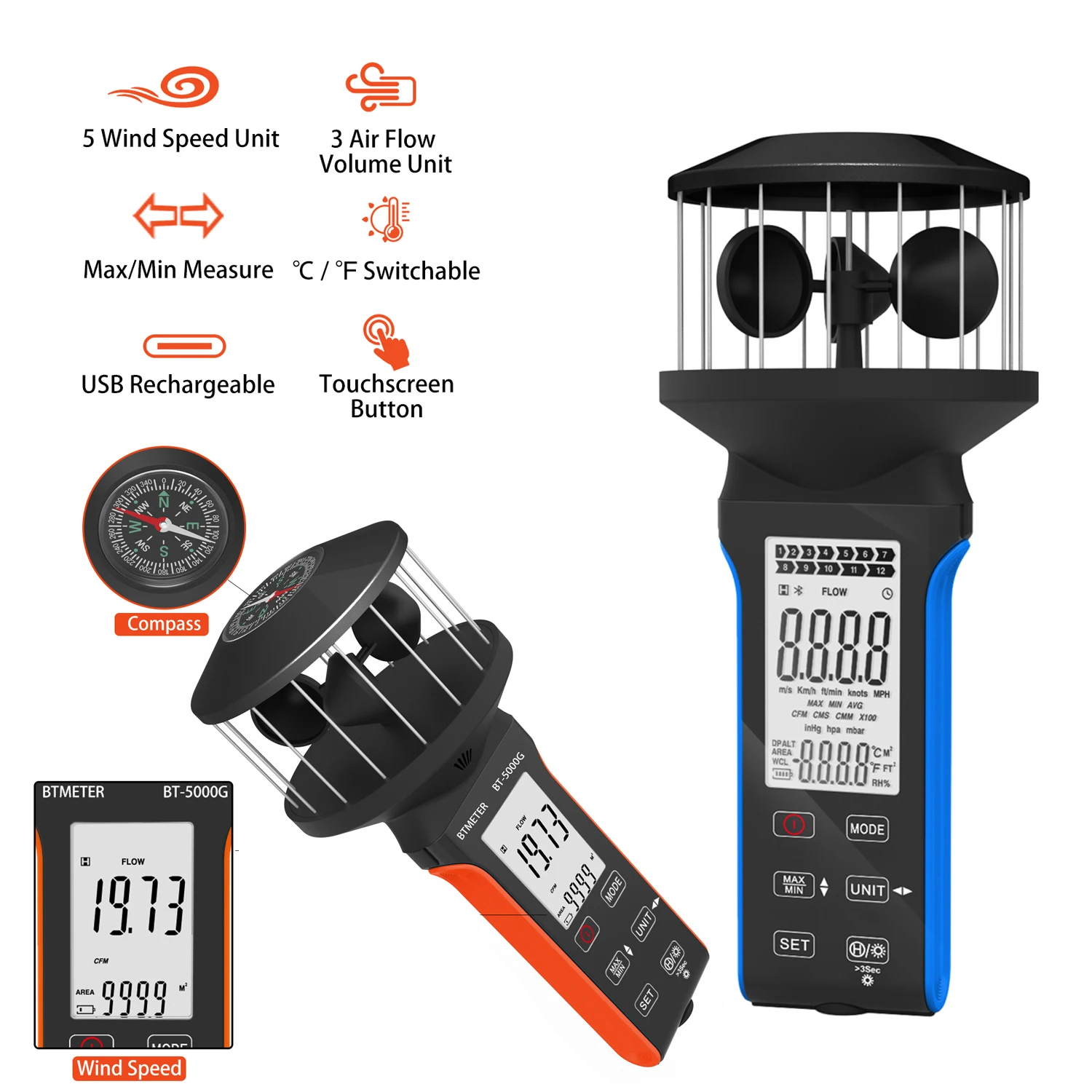 btmeter anemometro azul multifuncional velocidade do vento volume do ar medicao de temperatura backlight bt5000g 01