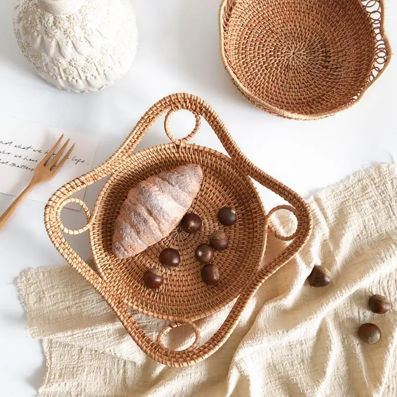 Handmade Rattan Woven Fruit Basket Snack Plate Bamboo Woven Bread Basket Living Room Fruit Plate Noodle Basket