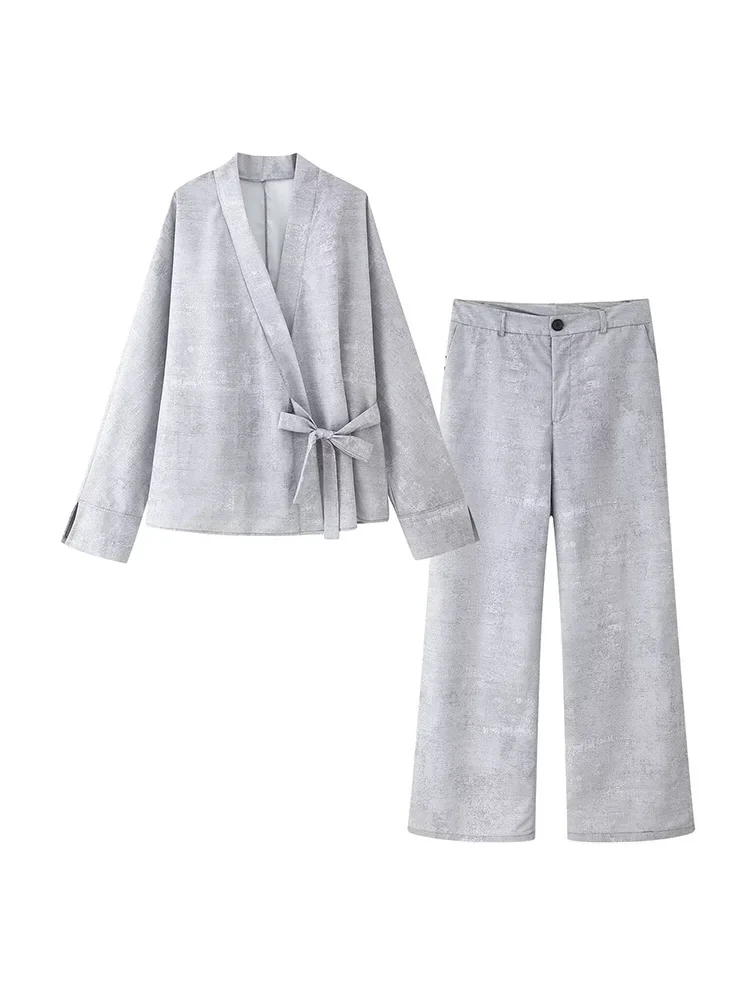 

BWQ 2025 Новые летние повседневные комплекты Женская мода Винтажная уличная одежда Комплект из 2 предметов Однотонные свободные комплекты брюк на шнуровке с длинными рукавами