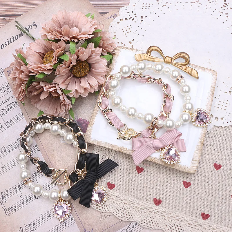 オリジナル手作り和菓子とかわいい女性ビーズパールチェーン弓ラインストーンブレスレット二重層ロリータアクセサリー女性
