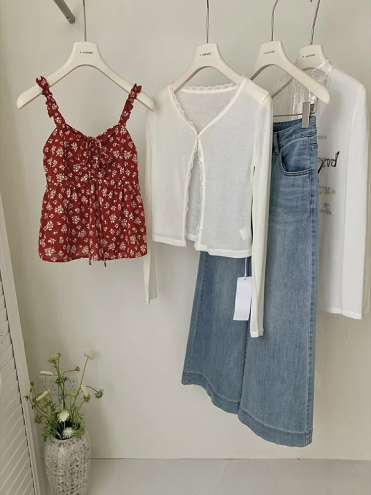 Women spring and summer Gentle slimming versatile lace up floral suspender+simple casual lace sun protection cardigan set