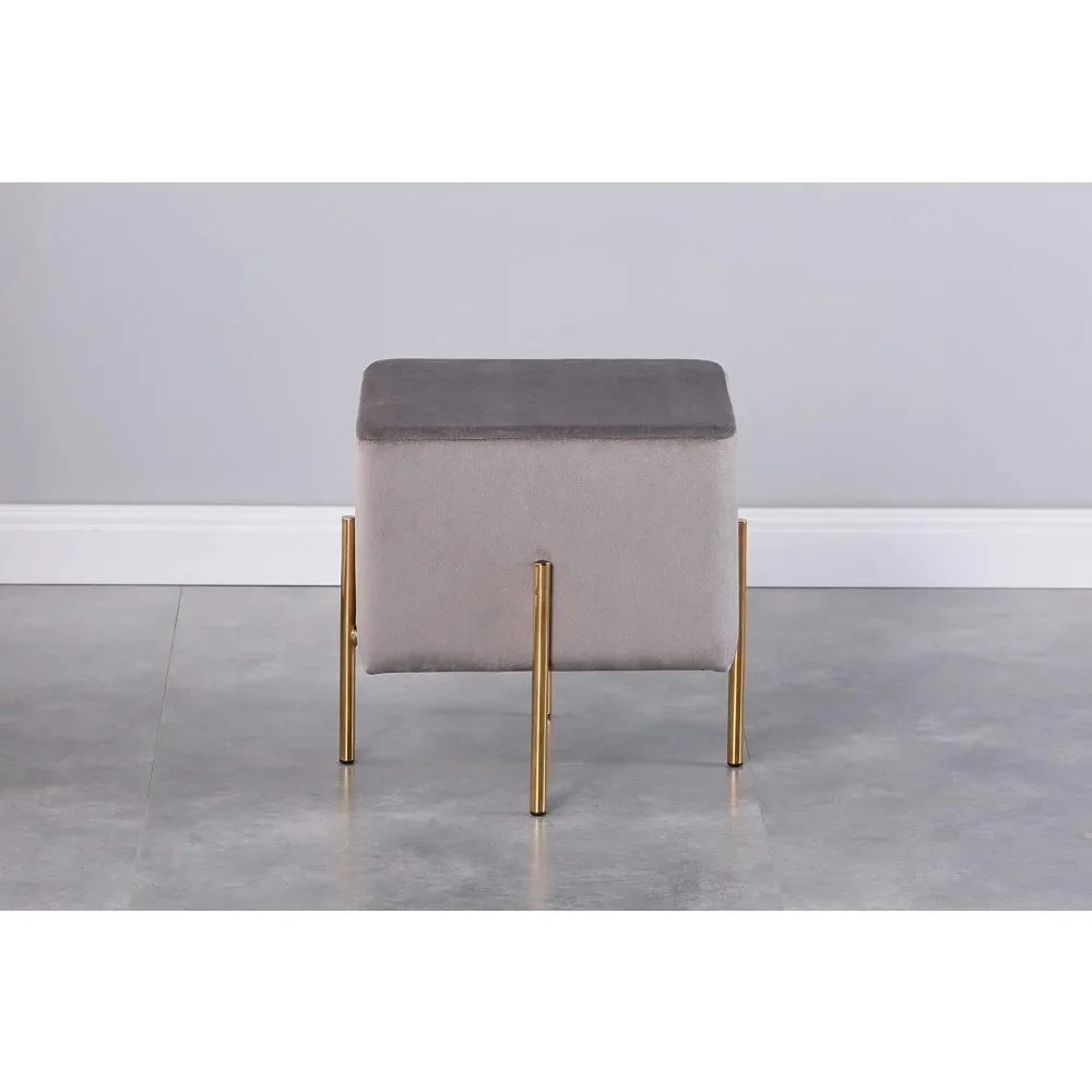 Square Upholstered Ottoman With Gold Metal Legs Stool for Living Room Modern Velvet Vanity Stool Cube Grey Ottoman 2-piece Set