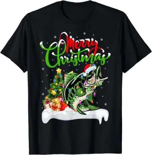 NEW Holiday Xmas Tree Lighting Santa Hat Walleye Fish Christmas T-Shirt S-5XL