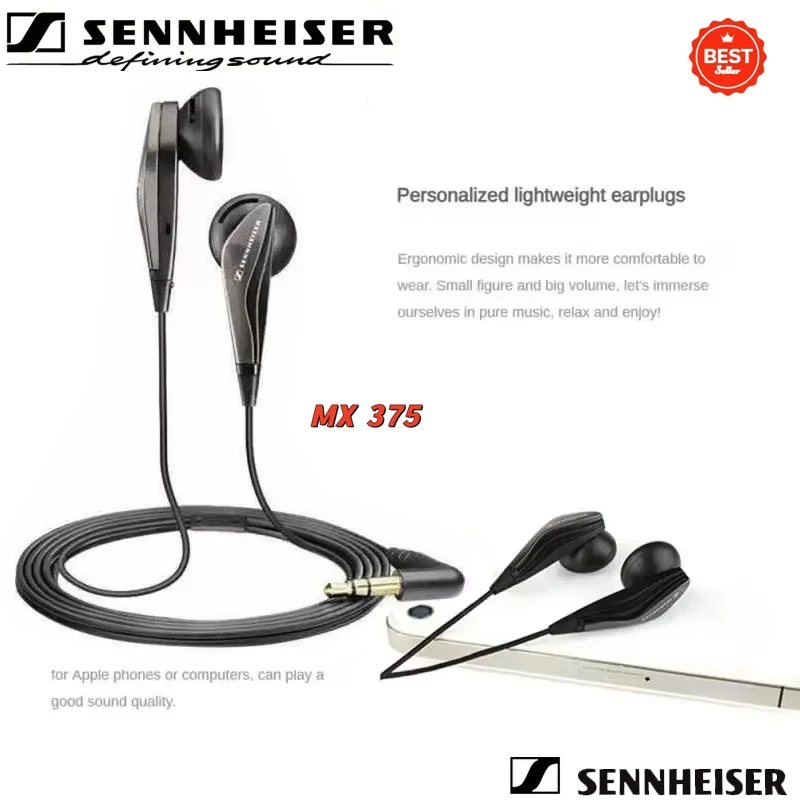 

Оригинальные стереонаушники Sennheiser MX375 2026 года с глубокими басами, 3,5 мм, для спорта, HD-разрешение, HIFI, с шумоподавлением