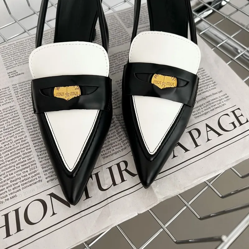 Summer Pointy Mixed Color PU Leather Low Heels Women\'s Sandals Elastic Belt Pumps Metal Decorative Dress Woman Shoes Stiletto