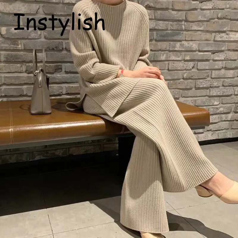 Women Elegant O Neck Loose Sweater and Wide Leg Knitting Trousers Suits Autumn Winter Two Piece Set Vintage Solid Jumper Outfits