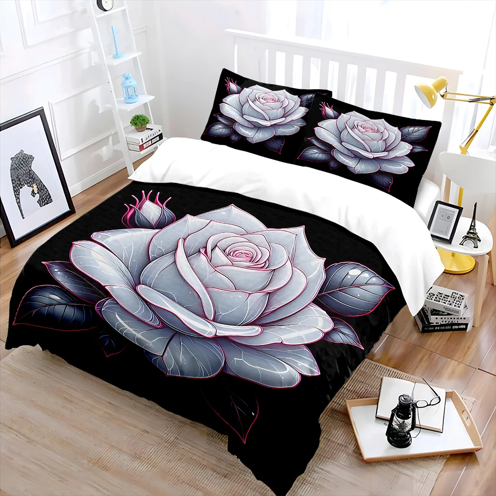 3pcs Glossy White Rose Flower Print Bedding Set 1 Duvet Cover 2 Pillowcases for Adult and Children Luxury Gift Full Size