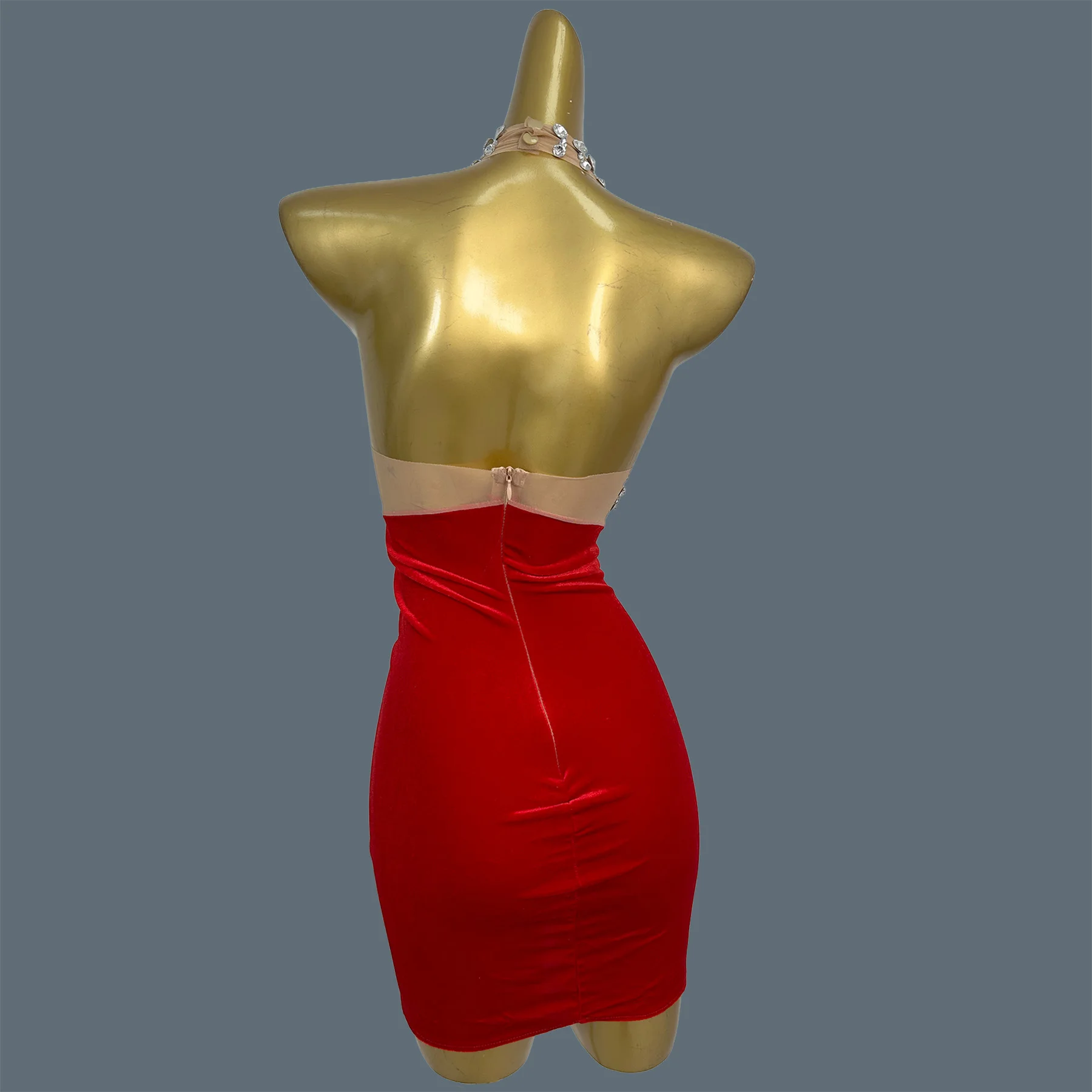 Red Velvet Halter Mini Dress Sheer Mesh Sparkly Rhinestones Matching Long Red Velvet Gloves Club Stage Party Outfit Zuanzuanhong