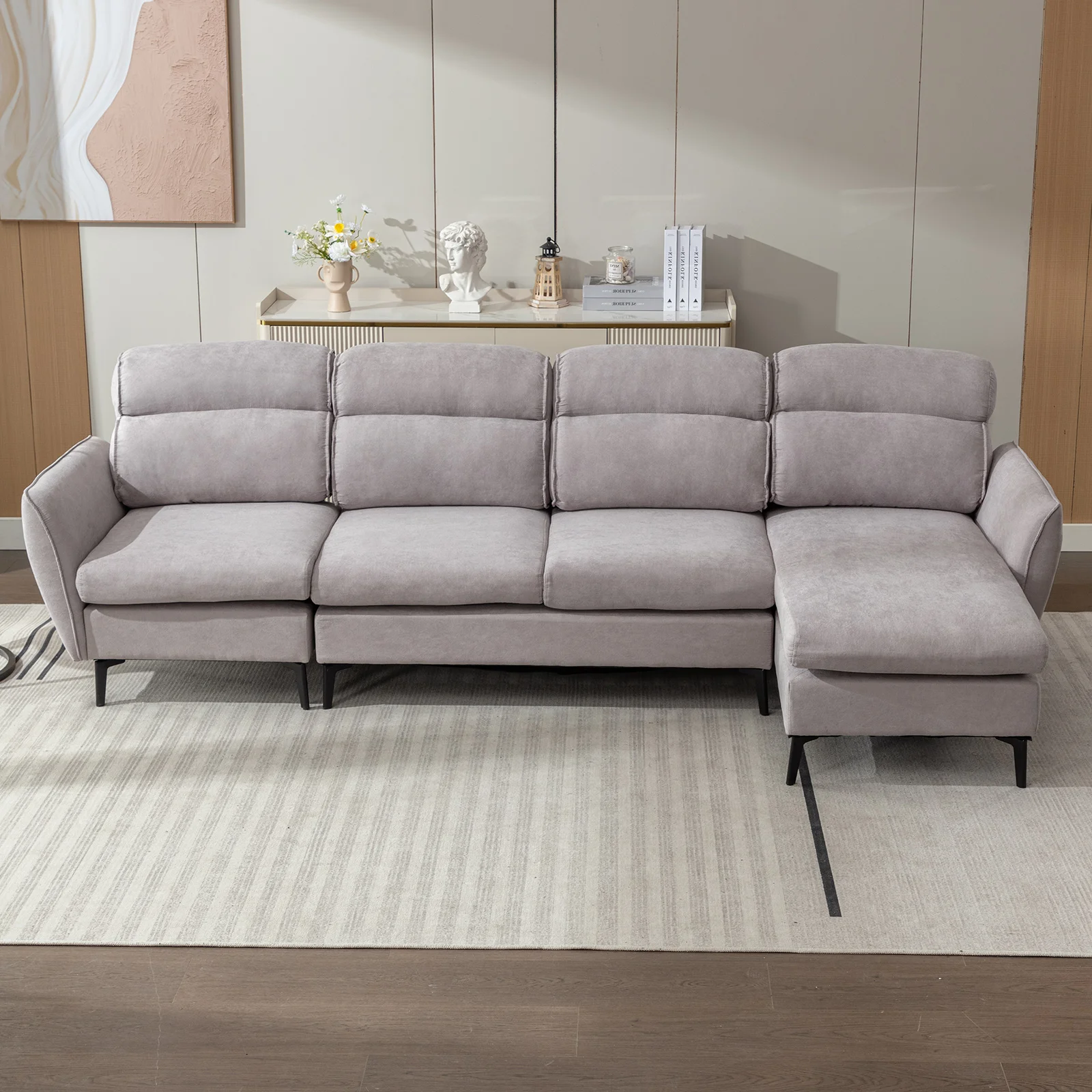 

110" Oversized L Shaped Couch with Right Chaise Lounge, Modern Linen 4-seater Sectional Sofas for Living Room Office