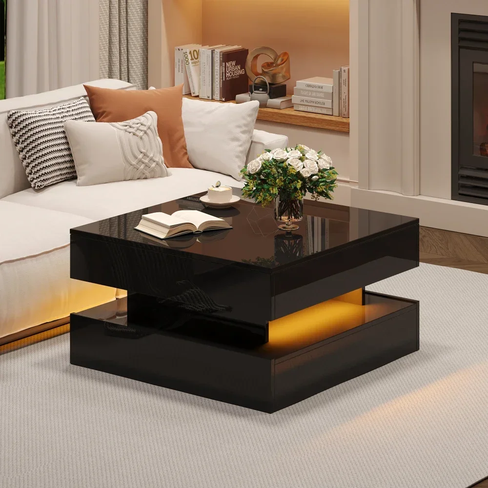 Table basse élévatrice moderne à haute brillance avec barre lumineuse LED et tiroirs, style mélangé et rangement pratique pour les essentiels quotidiens