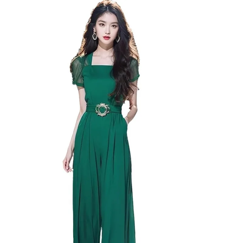 الأخضر قصيرة الأكمام الأخضر بذلة المرأة 2025 جديد الراقية سراويل أنيقة أنيقة سوبر لطيفة شيك الصلبة بذلة السيدات الصيف