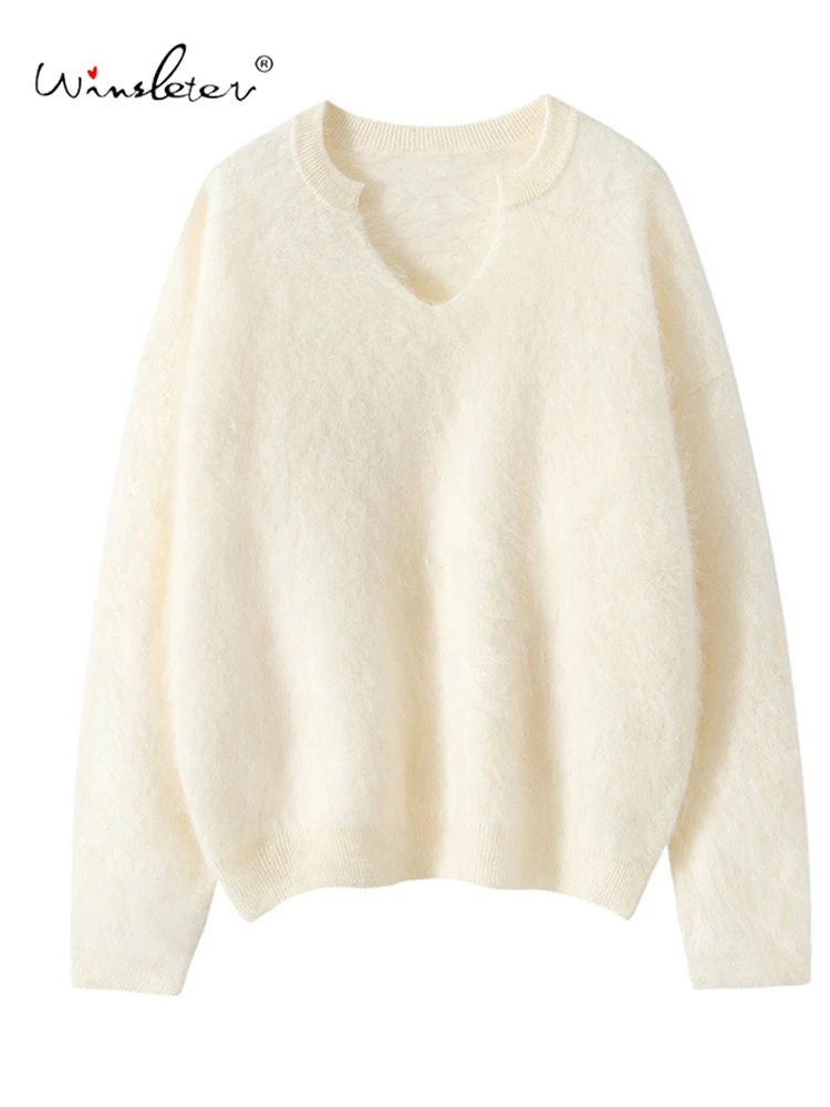 

Winsleter- 100%Cashmere Elegant Sweater, Women V Neck Long Sleeve, Lazy Fluffing Casual Loose Sweater, 2025 Autumn New T58707CC