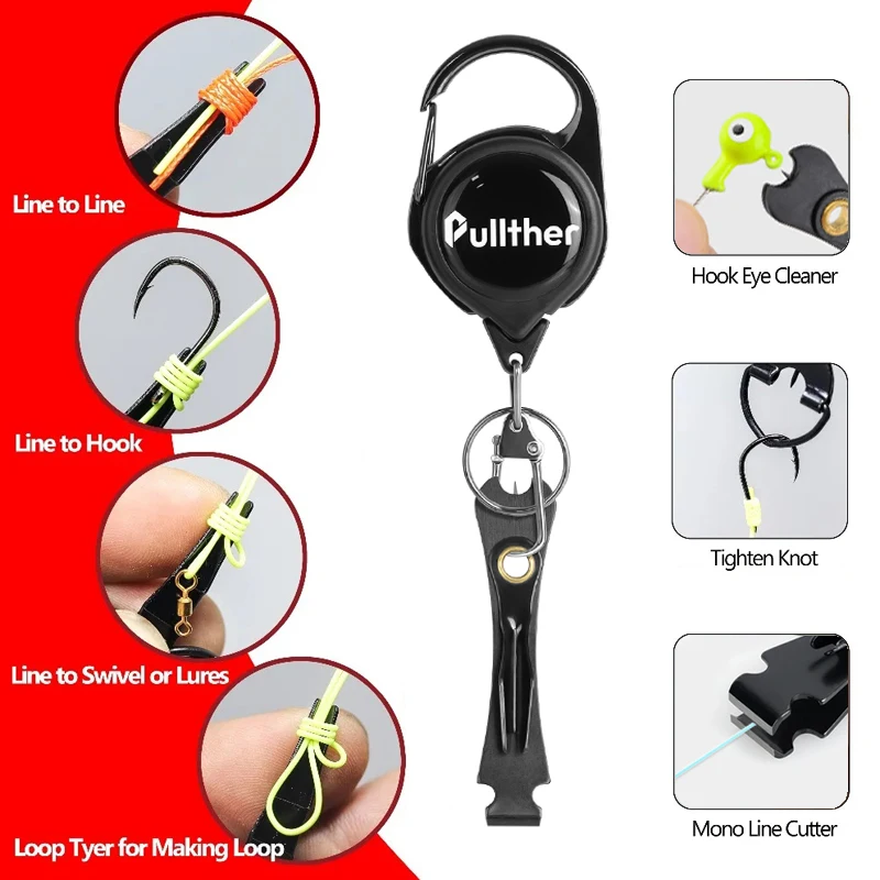 Pullther Fly Carp Fishing Line Scissors Cutter Knotter with Retractor Tackle Mini Clipper Nippers Quick Knot Tying fishing tools