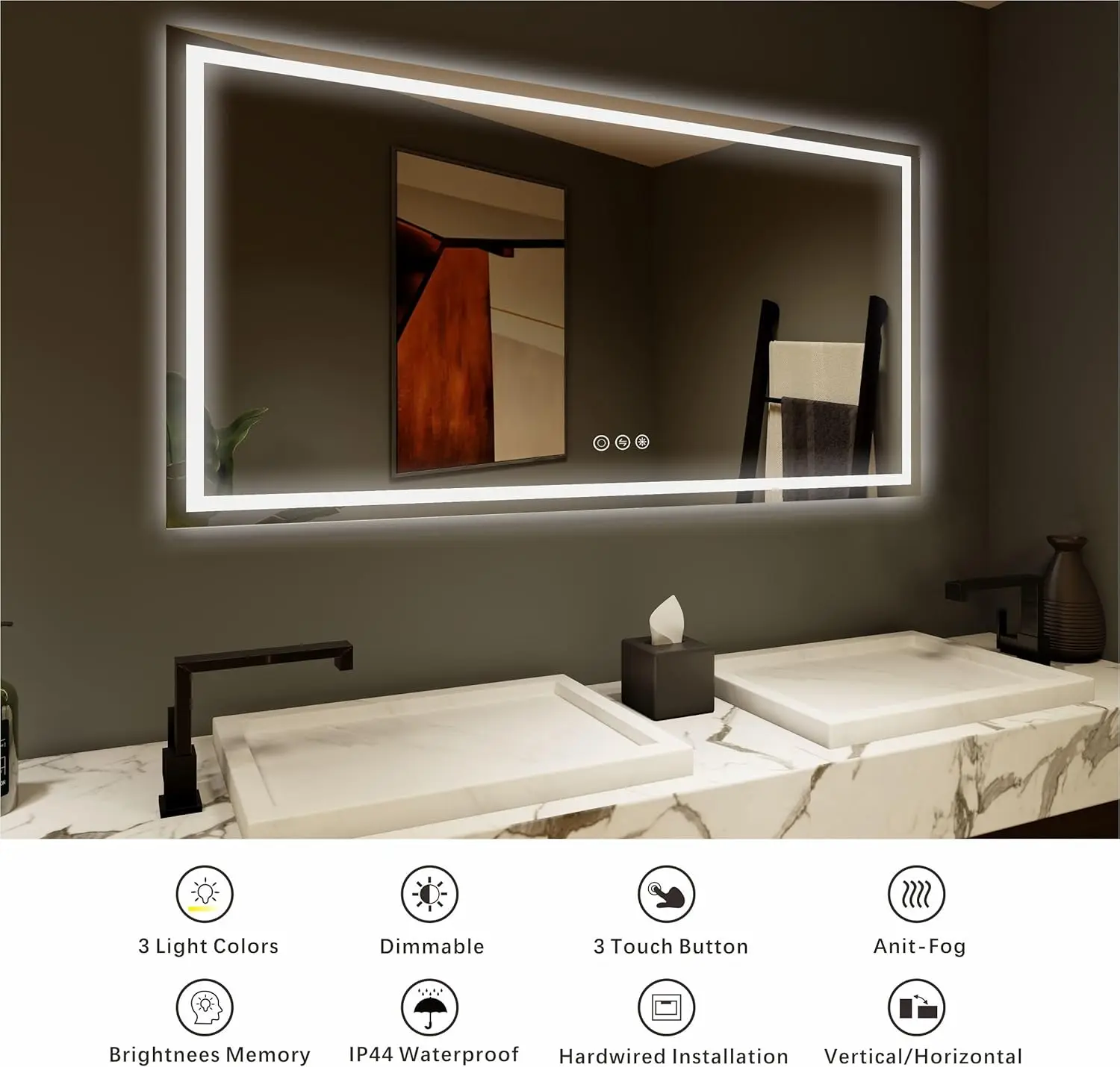 Espejo LED de 72 "x 30" para baño, espejos iluminados súper delgados de alto brillo con 3 colores, antivaho, atenuador y interruptor táctil