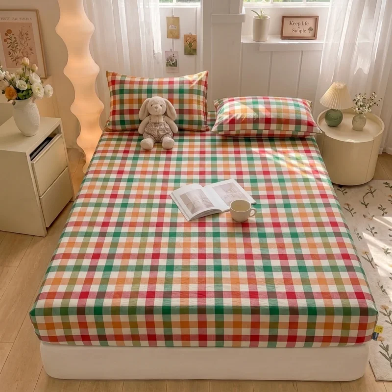 100%Cotton Bed Sheet Nordic Style Fitted Sheet sábanas para cama Single/Queen/King Size Checkered Printed lençol cama de casal