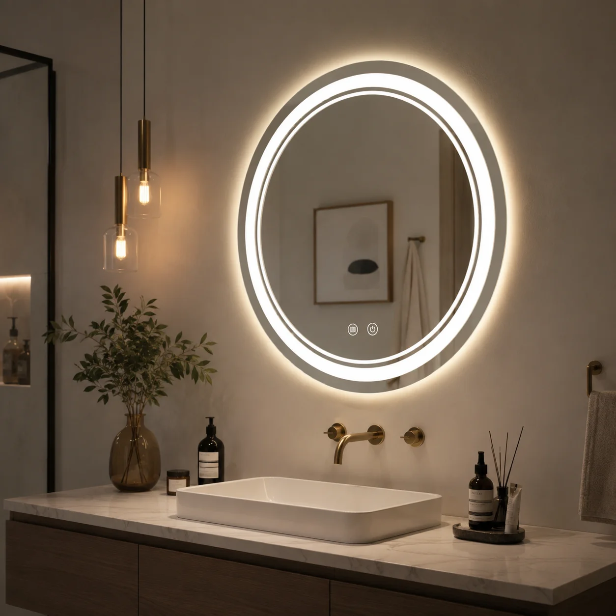 LED-Badezimmerspiegel mit Beleuchtung, dimmbarer runder Wandspiegel, 3 Farbtemperaturen 3000K-6000K, Touch-Schalter, beschlagfrei, IPX4 wasserdicht, moderner Dekospiegel für Zuhause mit EU-Stecker