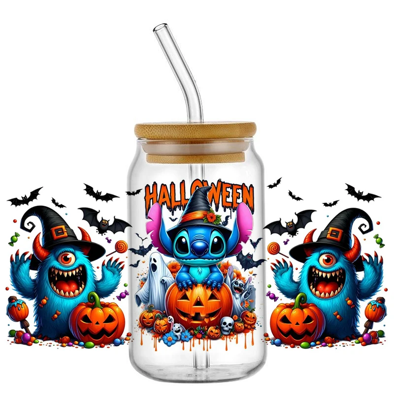 Miniso Halloween Cartoon Decal 3D Washable UV DTF Cup Wrap for 16oz Libbey Glasses DIY Selfadhesive Cute Stich Transfer Sticker