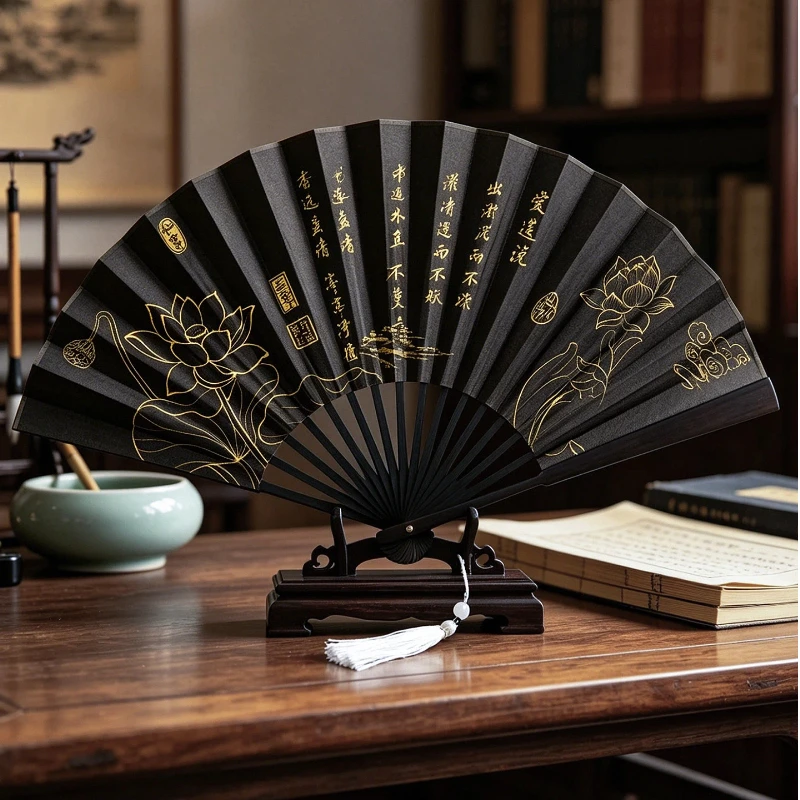 Black Gold Silk Folding Fan with Plum Orchid Pattern for Men Hanfu Photography Prop Summer Cooling Daily Fan Chinese Gift