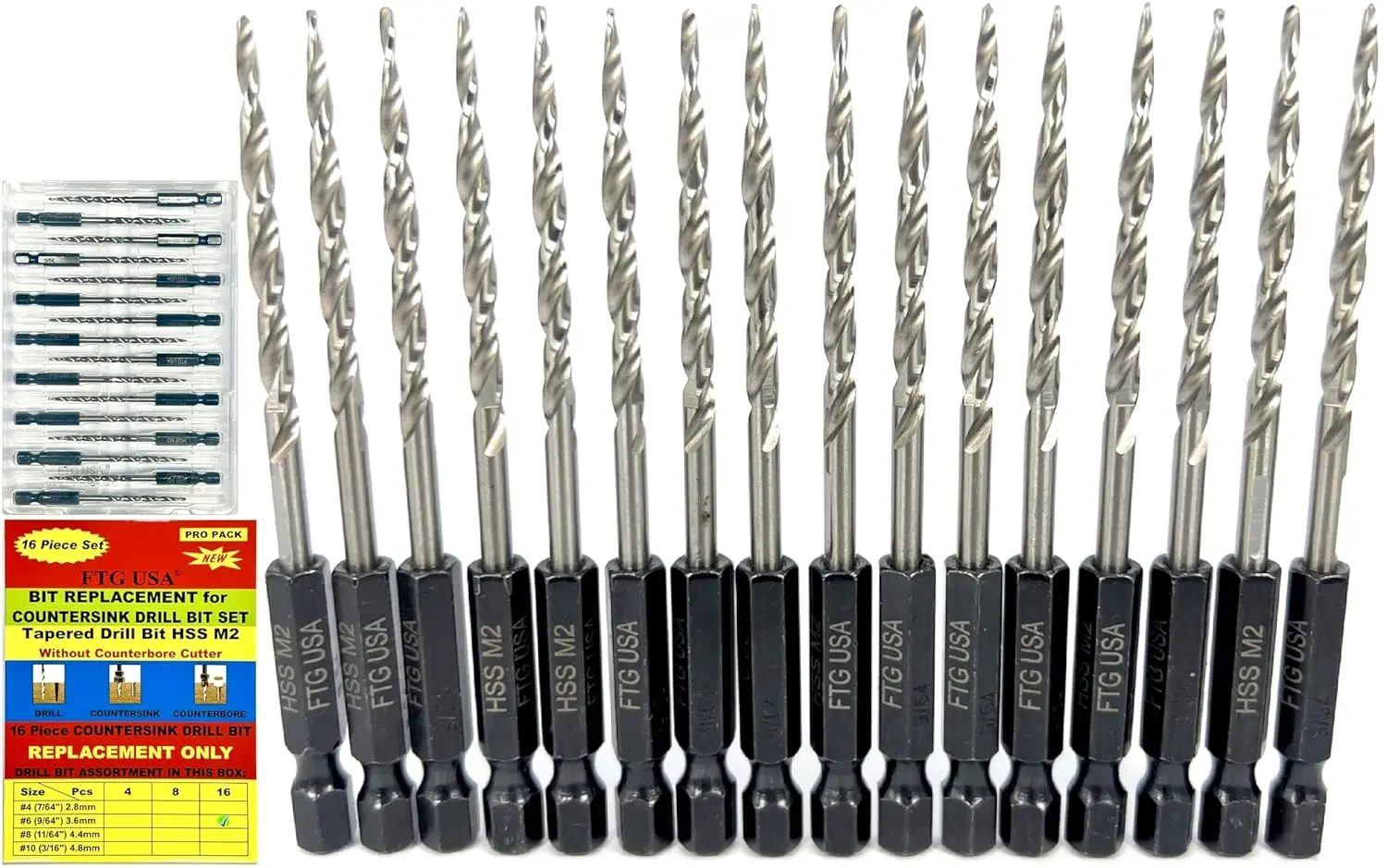 

16-Piece Tapered Countersink Drill Bit Set for Woodworking, Includes Storage Container