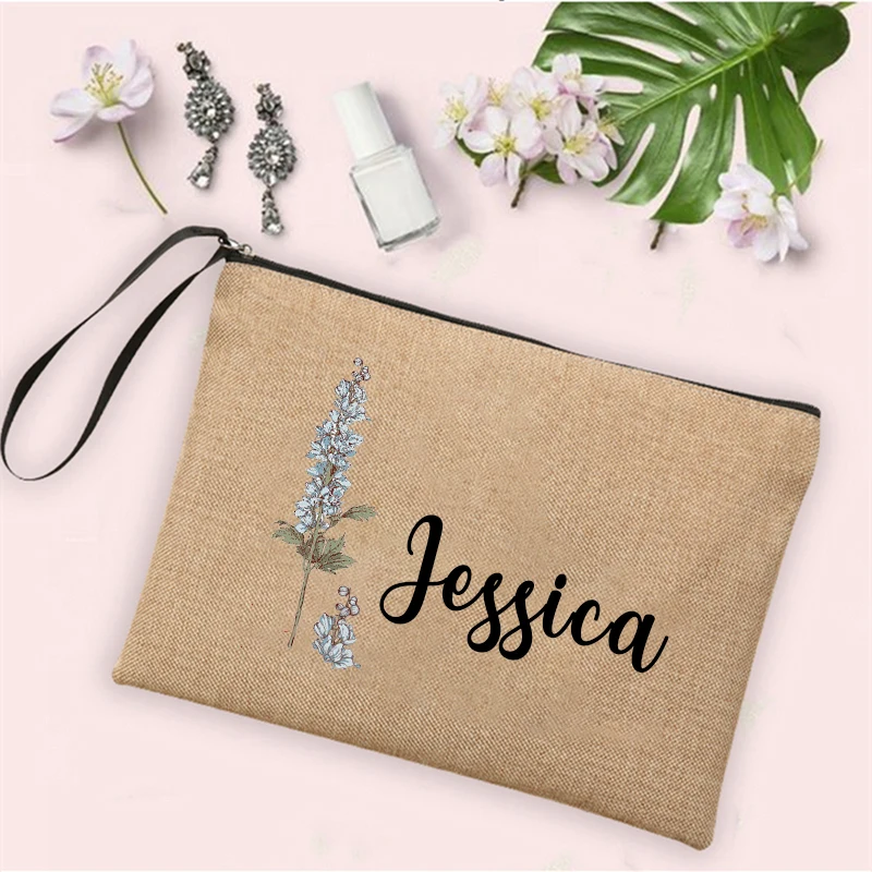 Personalised Birth Month Flowers Makeup Bag Travel Neceser Zipper Pouch Customized Name Toiletry Organizer Birthday Gift for Her