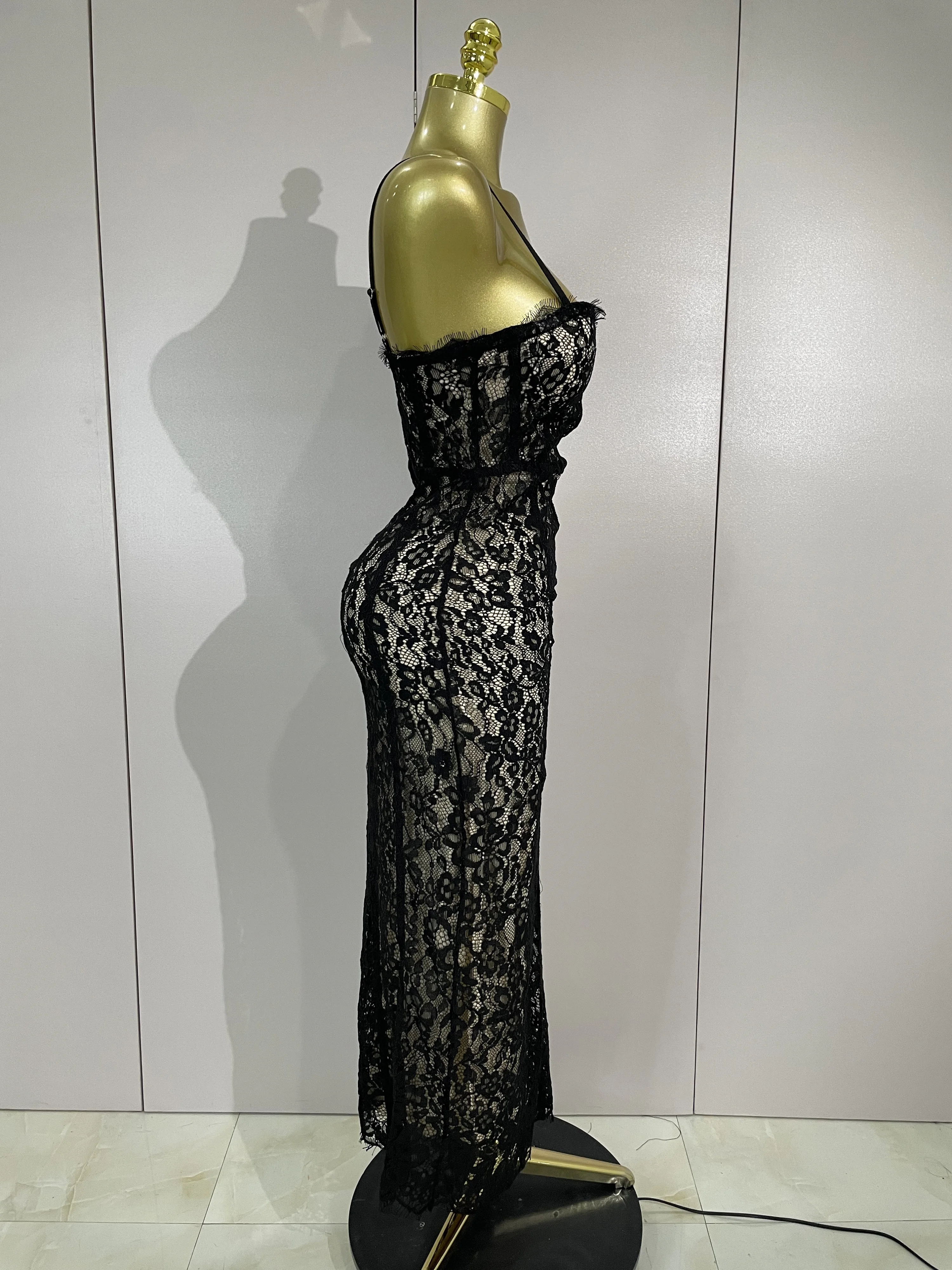 Sexy Black Lace Sleeveless Bodycon Long Dress Nightclub Party Women Celebrate Birthday Evening Party Wedding Guest Prom Gowns