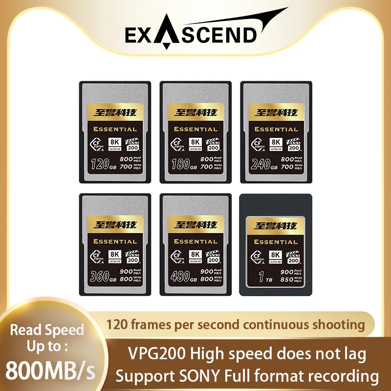 EXASCEND телефон, карта памяти VPG200 CFexpress, тип A, карта камеры, 120 ГБ, 180 ГБ, 240 ГБ, 360 гб, 480 ГБ, 1 ТБ, макс. 900 Мб/с, CF карта для