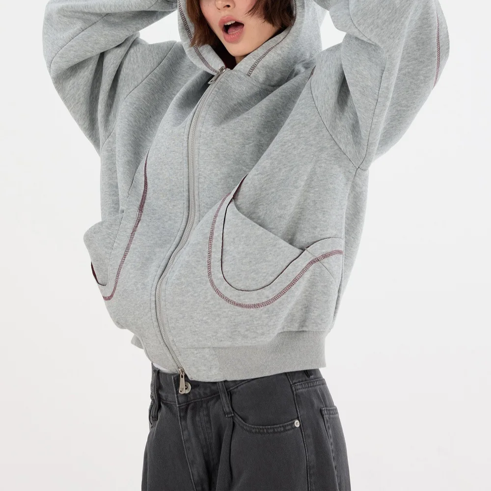 Couples Trendy Loose Hoodie Oversized Patchwork Design Retro Zip Jacket for Men & Women Casual Slimming Outerwear