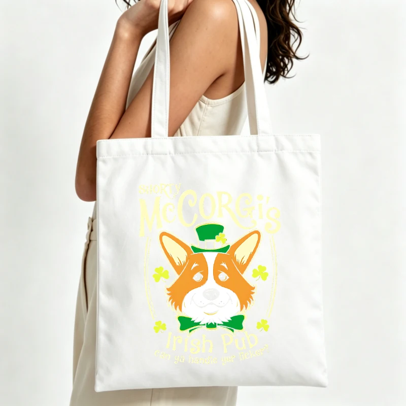 corgi dog graphic canvas tote bag with shamrock design, perfect for casual daily use and St. Patrick's Day outings