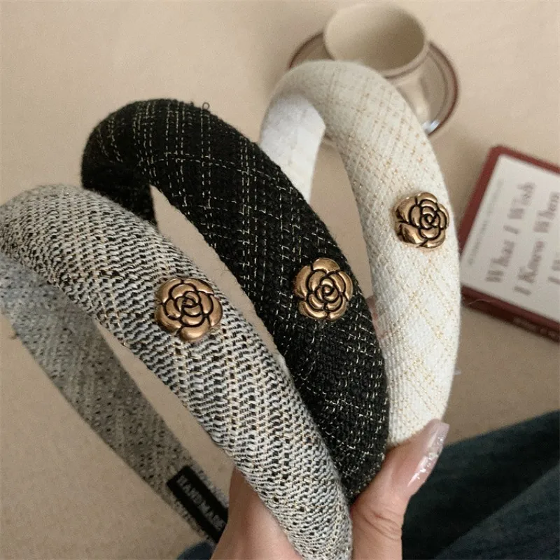 Korea Style Golden Camellia Weave Headband For Woman Hair Hoops Wholesale Price Vintage Knitted Padded Camellia Sponge Hairband