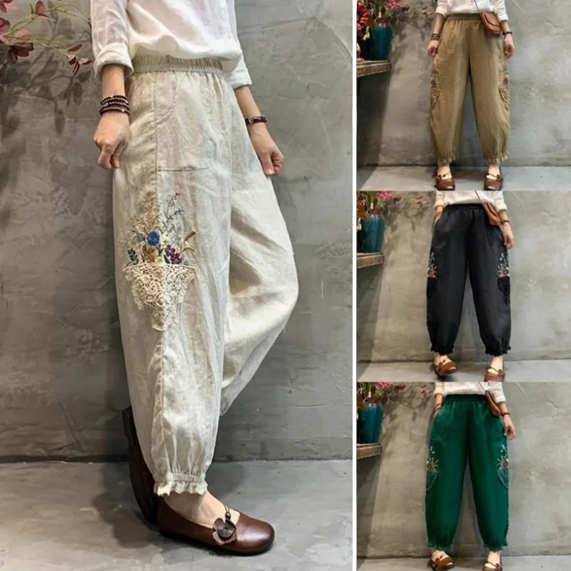 Summer Cotton and Linen Retro Embroidery with Lace Design Japanese Style Leg Tied Lantern Cropped Pants for Women