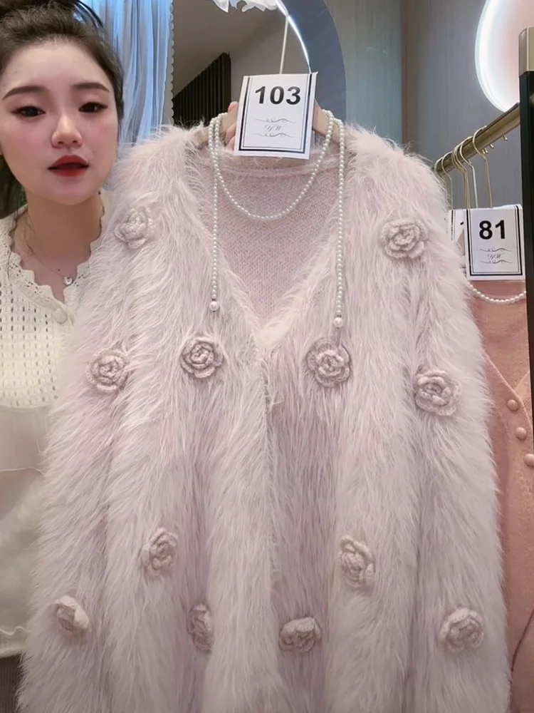 

Женский свободный свитер с v-образным вырезом и розой, однотонное корейское пальто с длинным светом, трикотажная одежда, мягкая текстура из искусственной норки