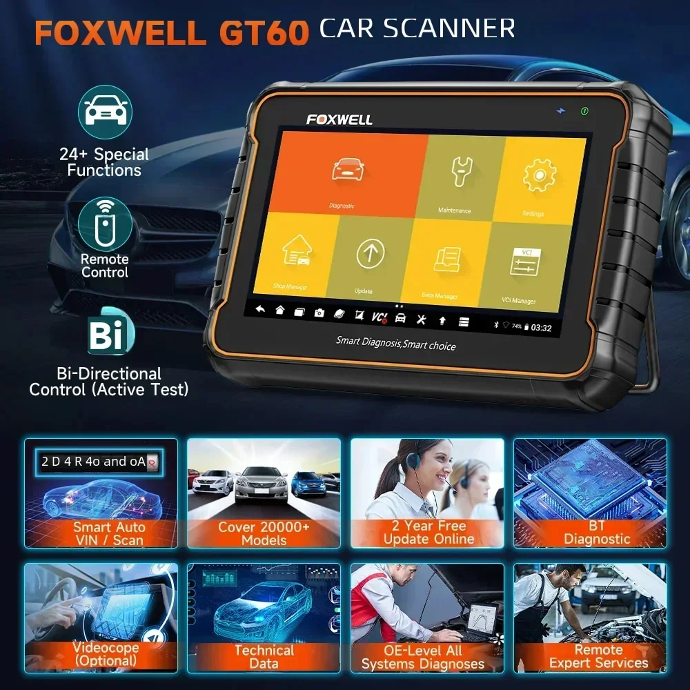 Foxwell GT60 OBD2 Diagnostic Tool Full System Active Test Car Code Reader 24 Reset Service Wireless VCl Android 9.0 OBD2 Scanner