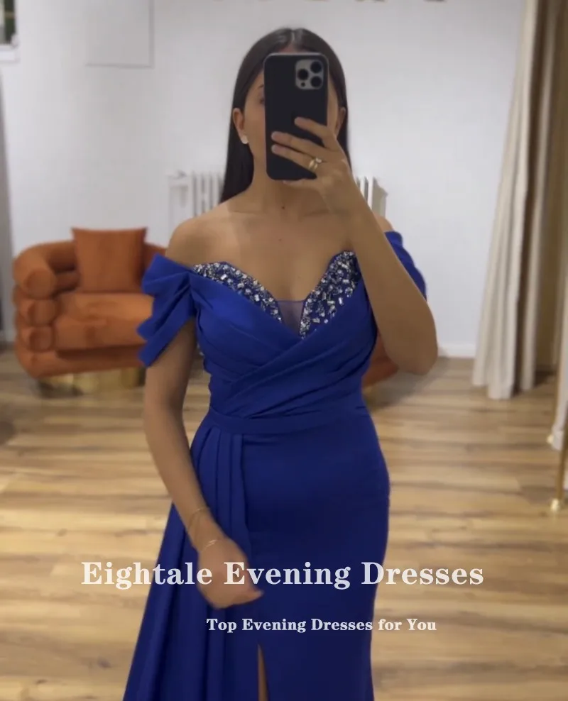 Eightale Royal Blue Evening Dress V-Neck Beaded Off the Shoulder Satin Customized Side Slit Prom Gown Wedding Party Dress