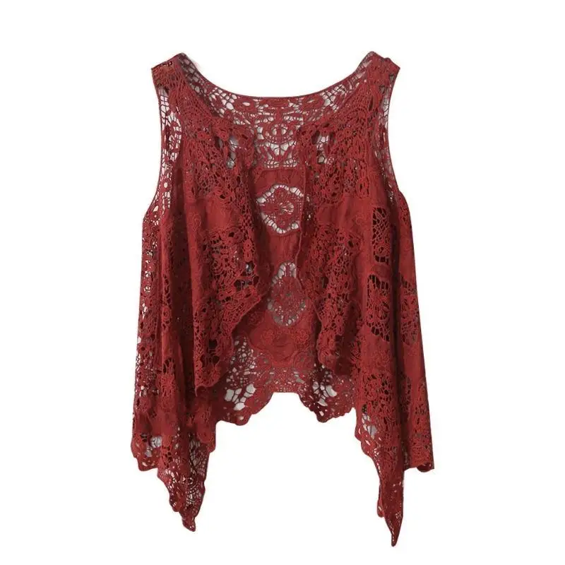 652F Women Sleeveless Open Front Cardigan Boho Hollow Out Crochet Lace Color Vest Drape Asymmetrical Hem Hippie Shawl