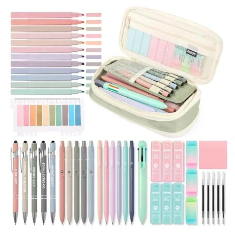 

56 PCS Aesthetic School Supplies with Large Pencil Case, 5 Inspirational Ballpoint Pens, 12 Pastel Highlighters, 5 Black Ink Ge
