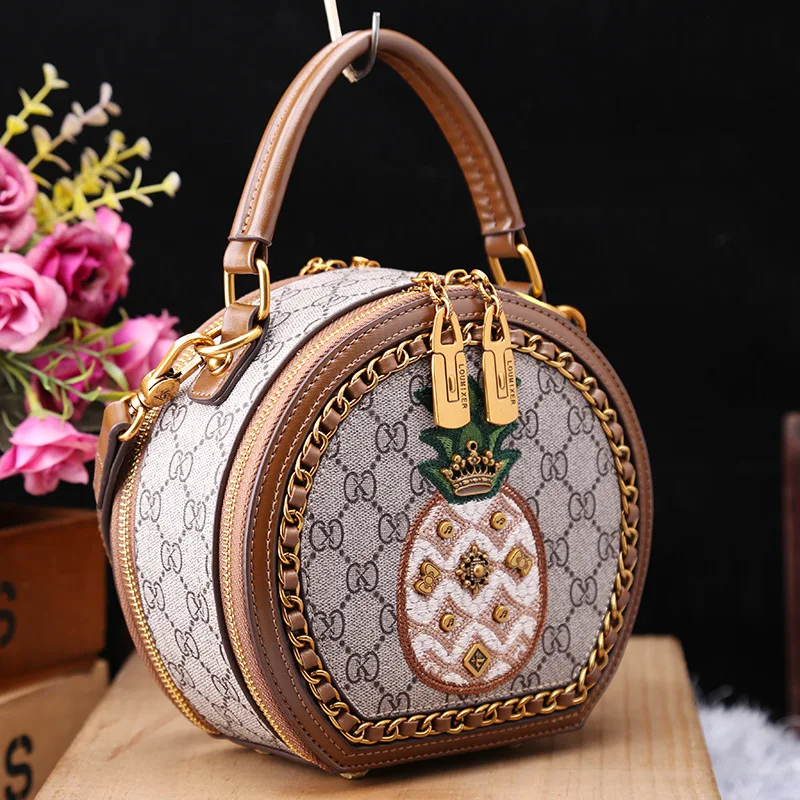 

IVK Fashion Brand Handmade Pineapple Embroidered Round Cake Handbag High Texture and Stylish Versatile Diagonal Shoulder Bag