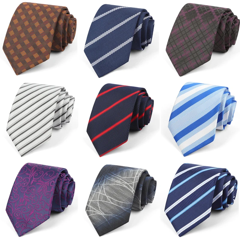 Neue gestreifte Krawatte, 8 cm, luxuriös, kariert, Blau, Marineblau, Braun, Polyester, Krawatte für Herren, formelle Business-Hochzeit, Party-Krawatten