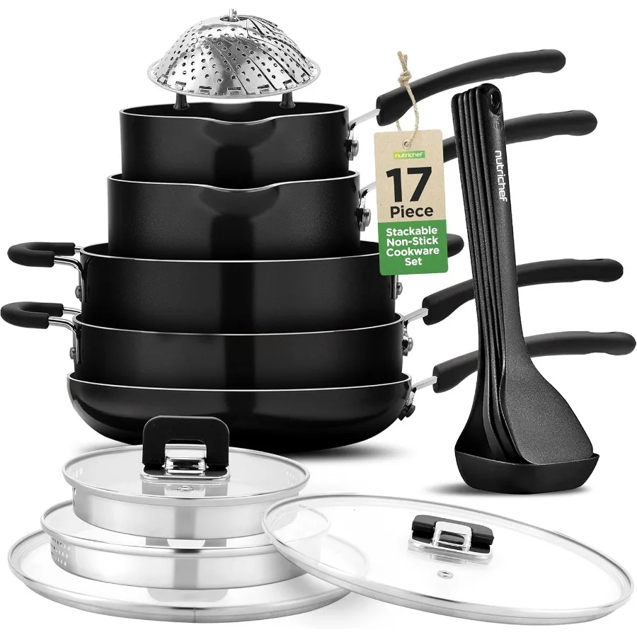 

17pcs Black Stackable Pots and Pans Set, Nonstick Induction Cookware, Space Saving Cookware, Easy Clean, Ideal For RV and Camper