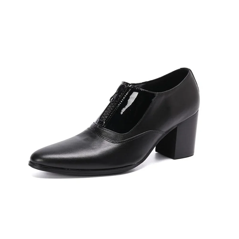 Herren Business Casual Formelle Kleidung High Heels Spitzschuh Schwarzer Reißverschluss Lederschuhe