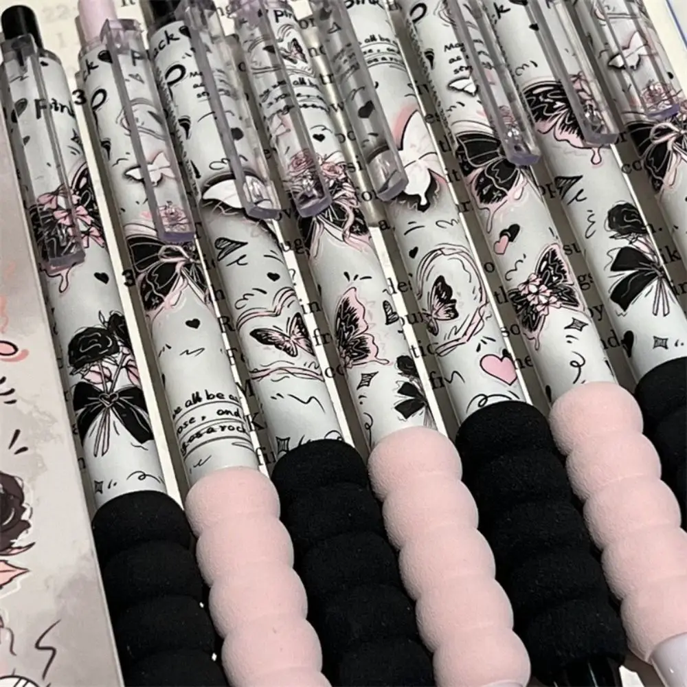 4PCS/Set ST Tip Gel Pen Soft Grip Press Type Ballpoint Pen 0.5mm Black Ink Butterfly Rose Series Signature Pen School Office