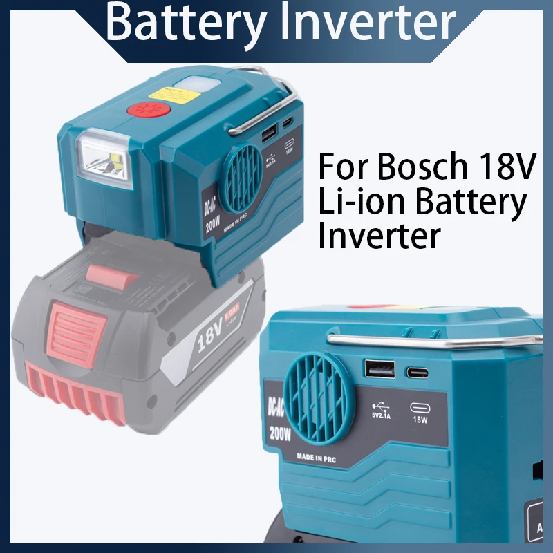 

200W Tool Battery Inverter For Bosch 18V Li-ion Battery Inverter with LED Light and USB and Type-C Output Interface