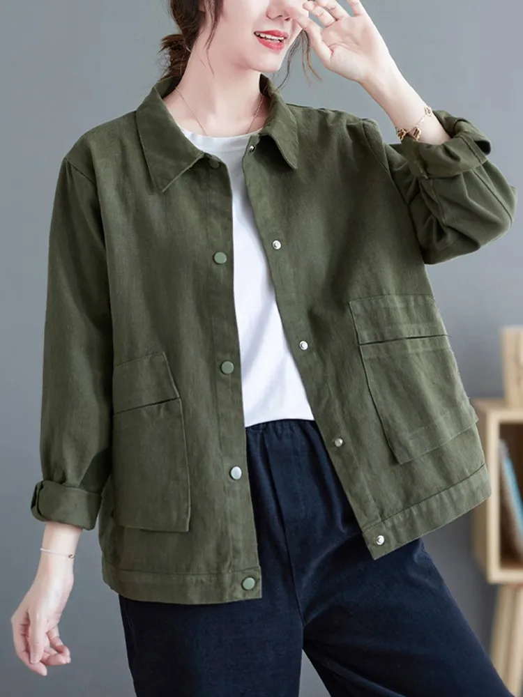 Women Casual Short Jackets New Arrival 2022 Autumn Vintage Style Solid Color All-match Loose Female Cotton Outerwear Coats B2115