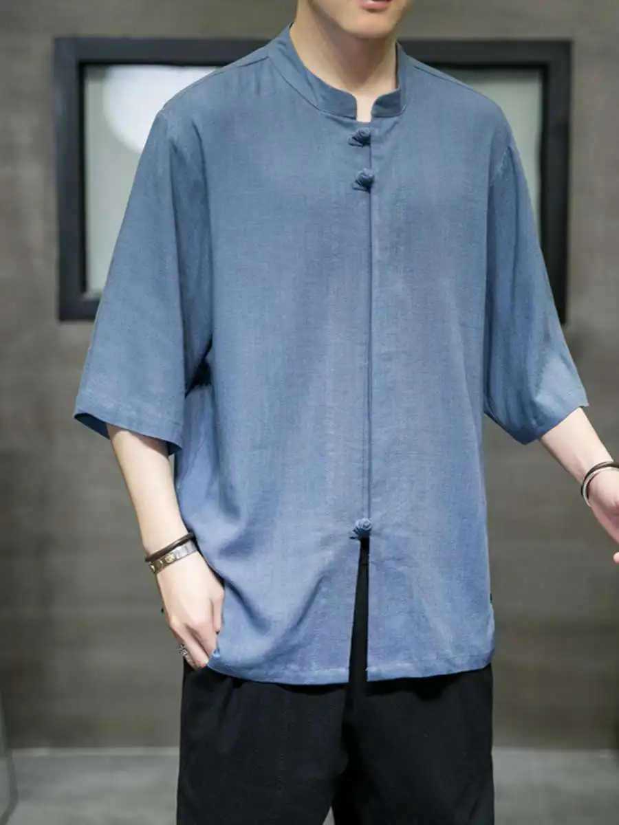 

New Men's Linen ort Sve T-irt Thin irt Sle Summer Chinese Tang Suit Large Size f Sve Cotton Loose Fit Spring...